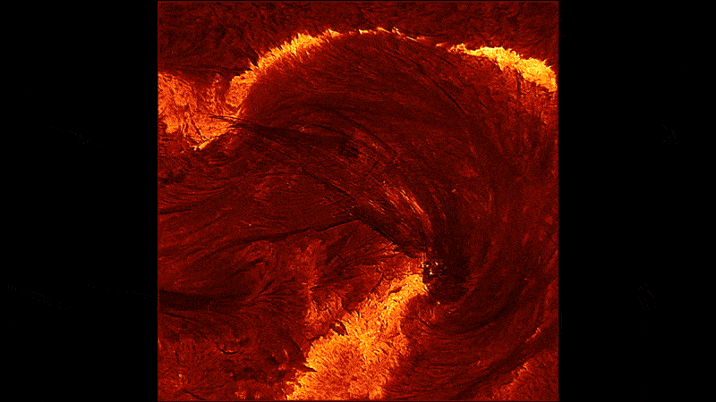 the main image in motion showing the dark filements stretching between the bright ribbons.